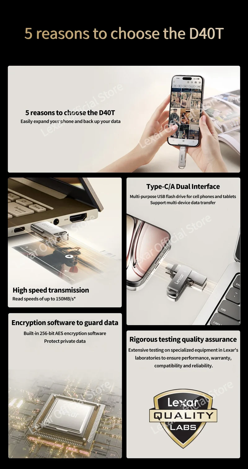 Lexar JumpDrive D40T Encrypted Metal Pen Drive USB 3.2 Type-C Type-A High Speed USB Disk 128GB Flash Memory for PC