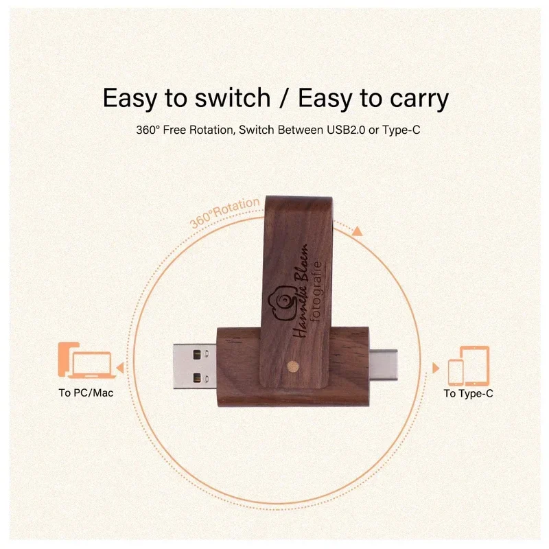 USB3.0 Wooden TYPE-C Free Custom Logo USB 3.0 Flash Drive 128GB Rotatable Pen Drive 64GB Memory Stick Creative Gift Pendrive
