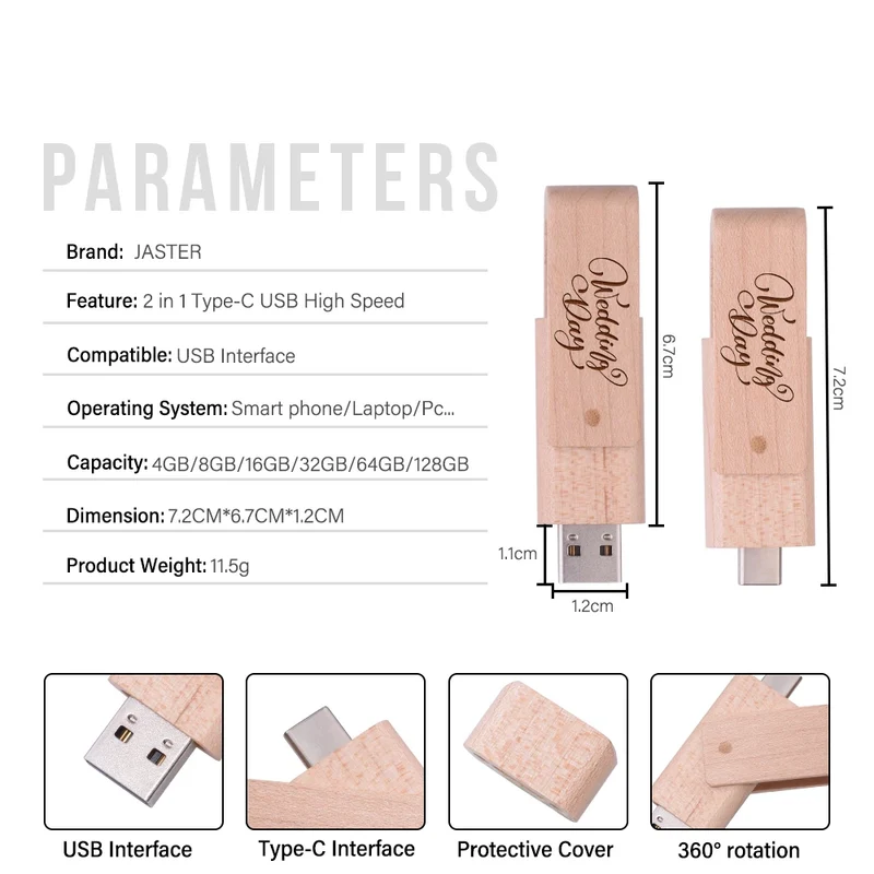 USB3.0 Wooden TYPE-C Free Custom Logo USB 3.0 Flash Drive 128GB Rotatable Pen Drive 64GB Memory Stick Creative Gift Pendrive