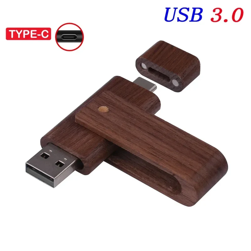 USB3.0 Wooden TYPE-C Free Custom Logo USB 3.0 Flash Drive 128GB Rotatable Pen Drive 64GB Memory Stick Creative Gift Pendrive