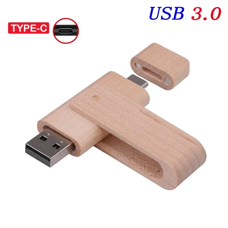 USB3.0 Wooden TYPE-C Free Custom Logo USB 3.0 Flash Drive 128GB Rotatable Pen Drive 64GB Memory Stick Creative Gift Pendrive