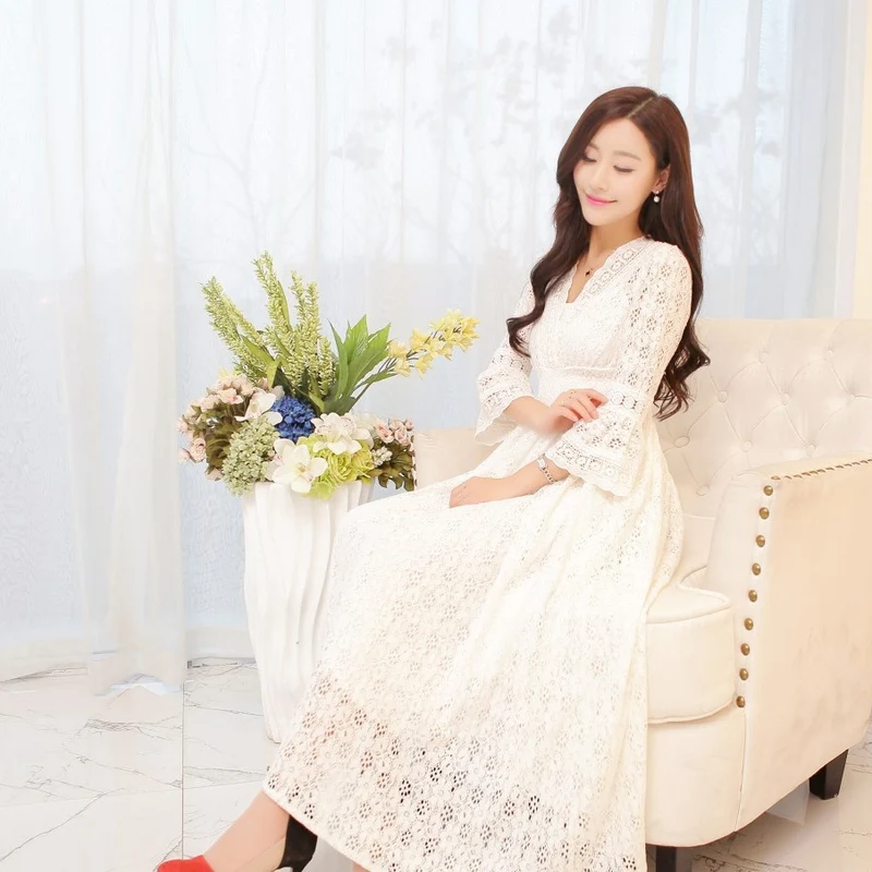 Dress Summer New Style Women's Lace V-Neck Slim Waist Dress Korean Style Dress Vacation Women's Beach Dress