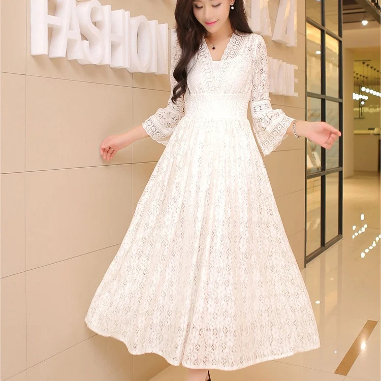 Dress Summer New Style Women's Lace V-Neck Slim Waist Dress Korean Style Dress Vacation Women's Beach Dress