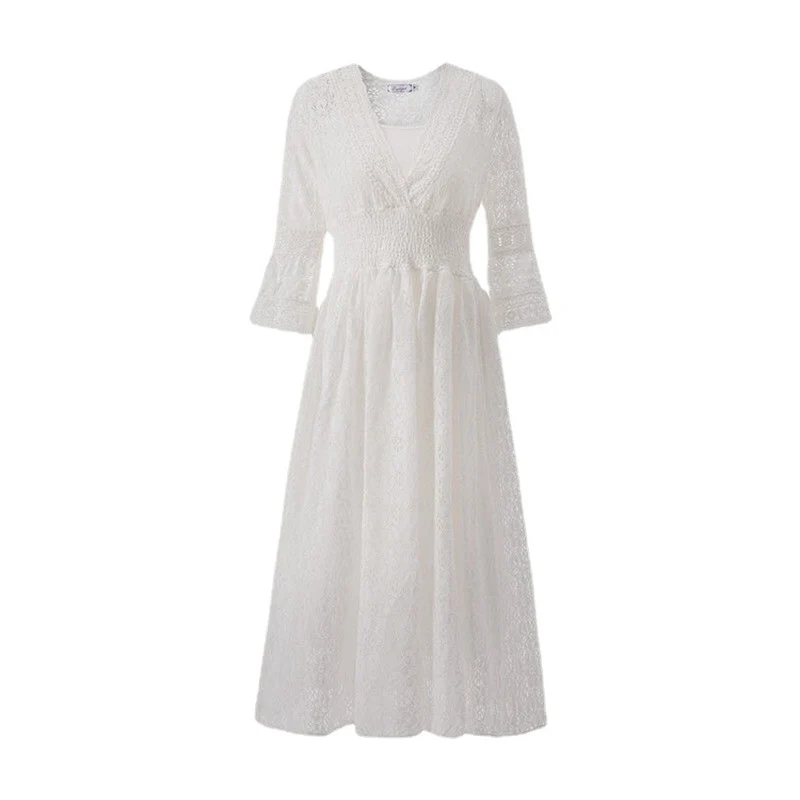 Dress Summer New Style Women's Lace V-Neck Slim Waist Dress Korean Style Dress Vacation Women's Beach Dress