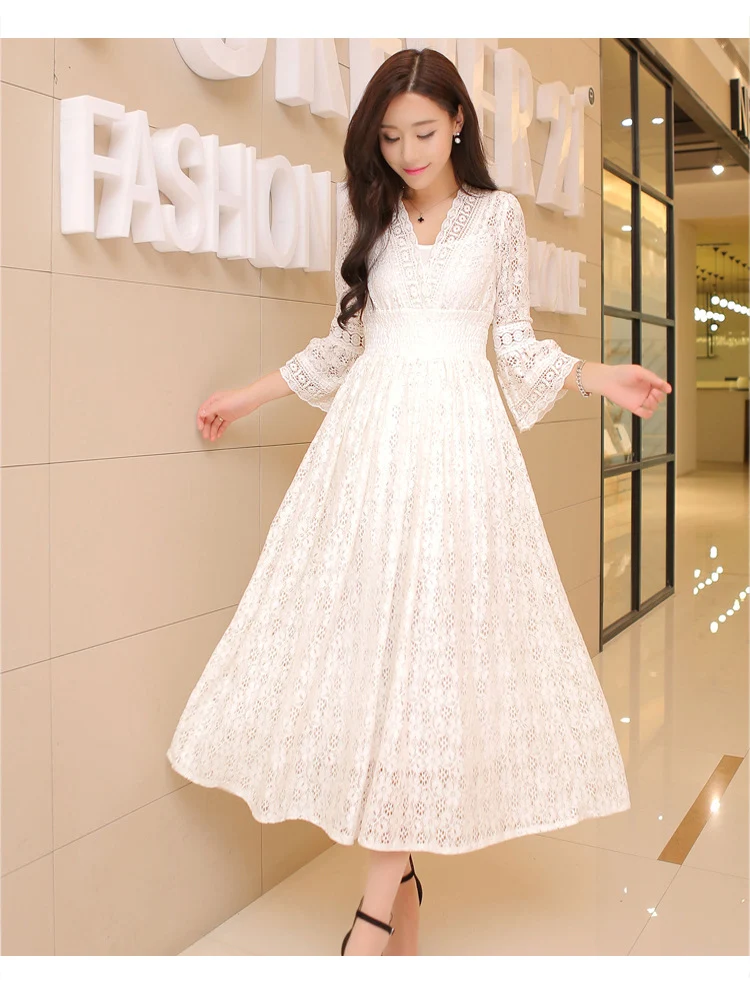 Dress Summer New Style Women's Lace V-Neck Slim Waist Dress Korean Style Dress Vacation Women's Beach Dress