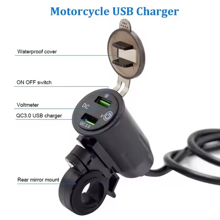 Rider Handlebar Rack Charging Dual USB Fast Charging QC3.0 Motorcycle Mobile Phone Charger with Voltage Display