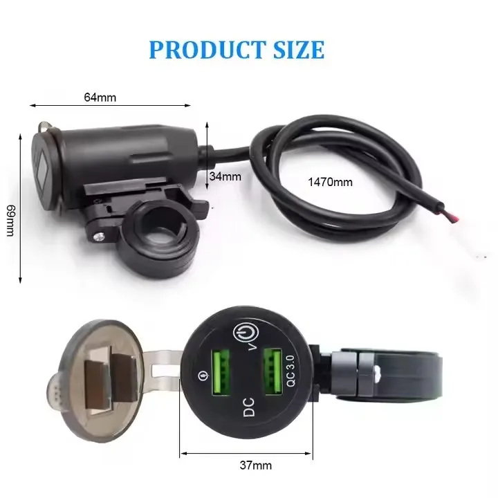 Rider Handlebar Rack Charging Dual USB Fast Charging QC3.0 Motorcycle Mobile Phone Charger with Voltage Display