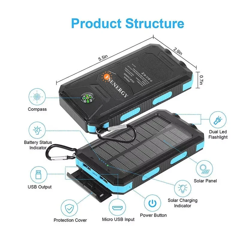 10000mah/20000mAh Fs-005 Waterproof Solar Panel Portable Power Bank Li-Polymer Battery Dual USB Cell Phone Charger