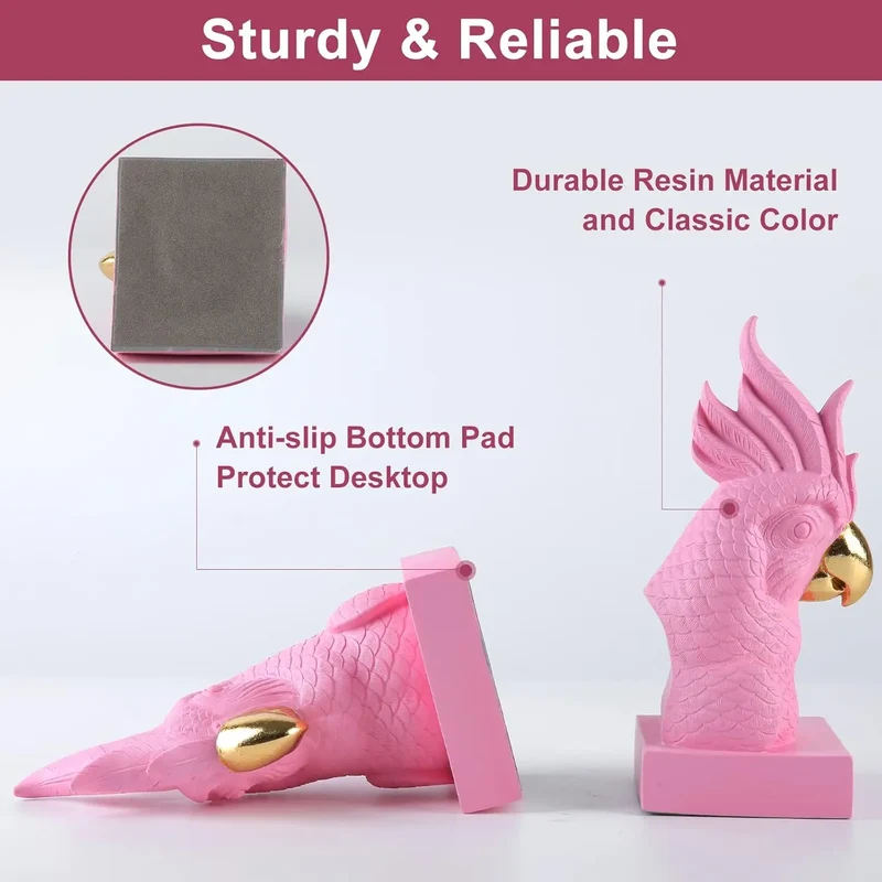 Pink Parrot Decorative Bookends Set of 2 Cute Bird Animal Sculpture Book Ends Resin Statues Book Stopper for Home Decor
