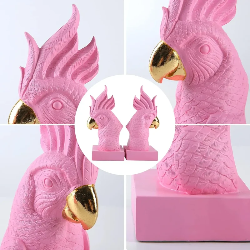 Pink Parrot Decorative Bookends Set of 2 Cute Bird Animal Sculpture Book Ends Resin Statues Book Stopper for Home Decor