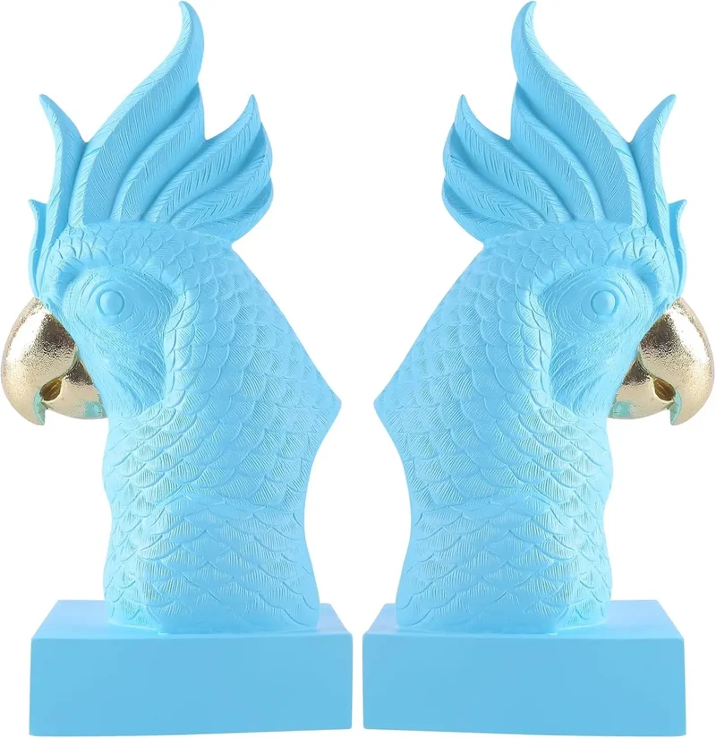 Pink Parrot Decorative Bookends Set of 2 Cute Bird Animal Sculpture Book Ends Resin Statues Book Stopper for Home Decor