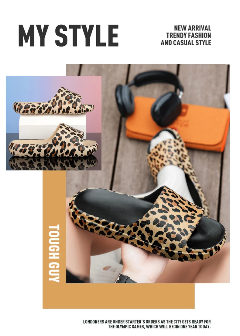 Foreign Trade Wholesale Leopard Print Slippers for Outer Wear Korean Style Printed Slippers for Couples Outdoor Sandals Women's Thick-Soled Bathroom Slippers