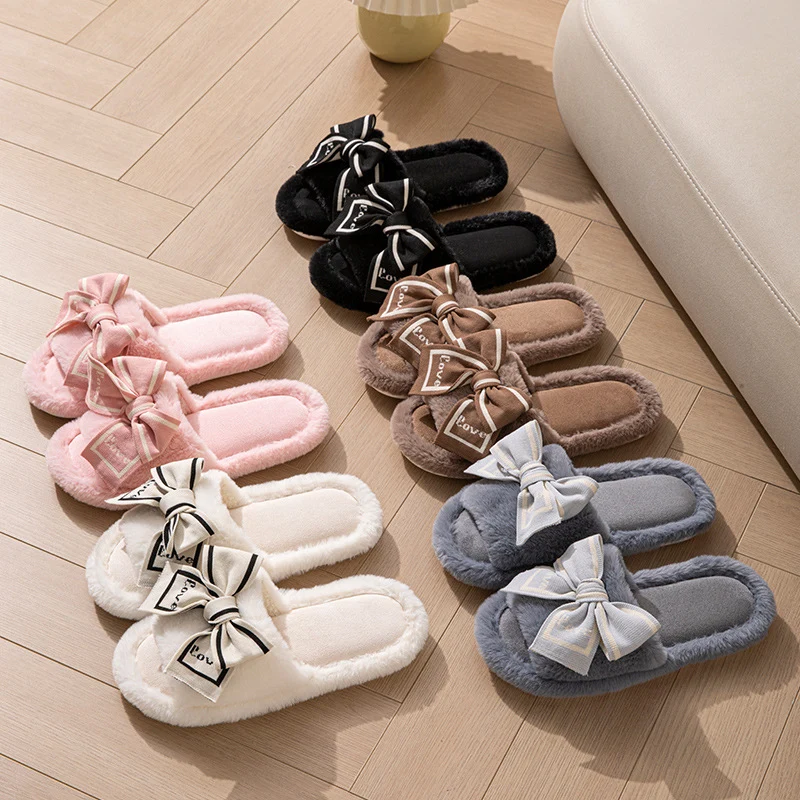Foreign Trade Cross-Border Open-Toe Furry Bow Women's Indoor Home Wooden Floor Four-Season Furry Slippers