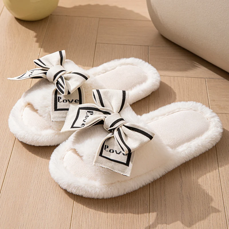 Foreign Trade Cross-Border Open-Toe Furry Bow Women's Indoor Home Wooden Floor Four-Season Furry Slippers