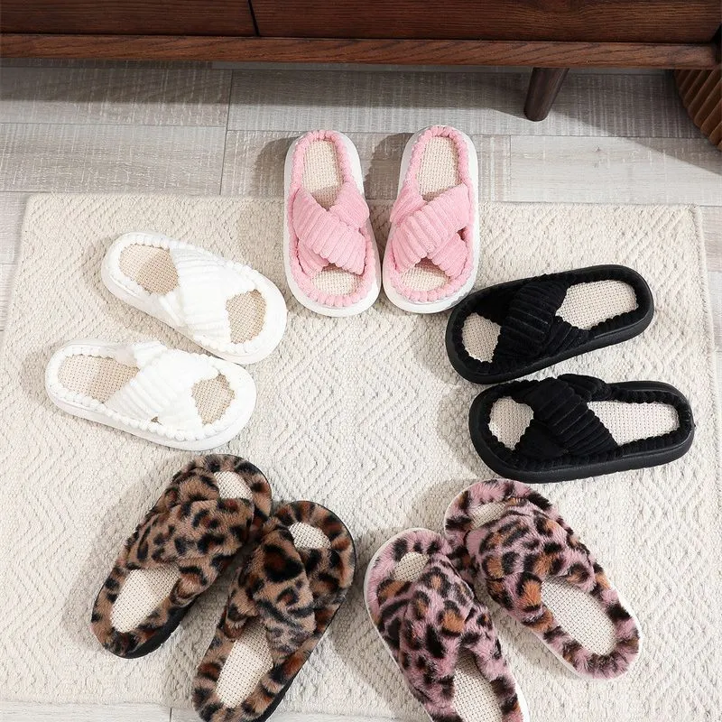 Cross-Border 2023 New Style Home Linen Slippers with a Stepping-On-Clouds Feel, Simple and Casual, Comfortable Lace Suede Women's Plush Slippers