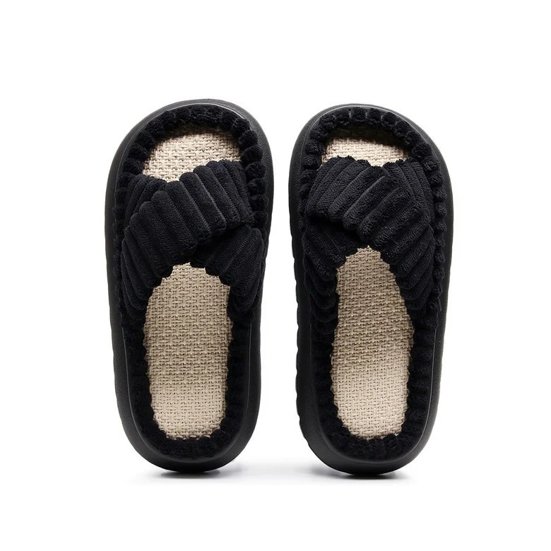 Cross-Border 2023 New Style Home Linen Slippers with a Stepping-On-Clouds Feel, Simple and Casual, Comfortable Lace Suede Women's Plush Slippers