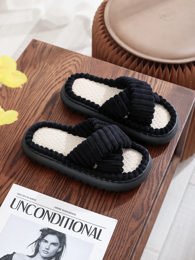 Cross-Border 2023 New Style Home Linen Slippers with a Stepping-On-Clouds Feel, Simple and Casual, Comfortable Lace Suede Women's Plush Slippers