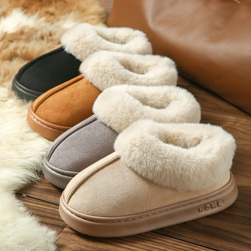 2025 Cross-Border New Pure Color Suede Splicing Home Slippers Thick-Soled Non-Slip Plush Warm Couple Cotton Shoes for Women