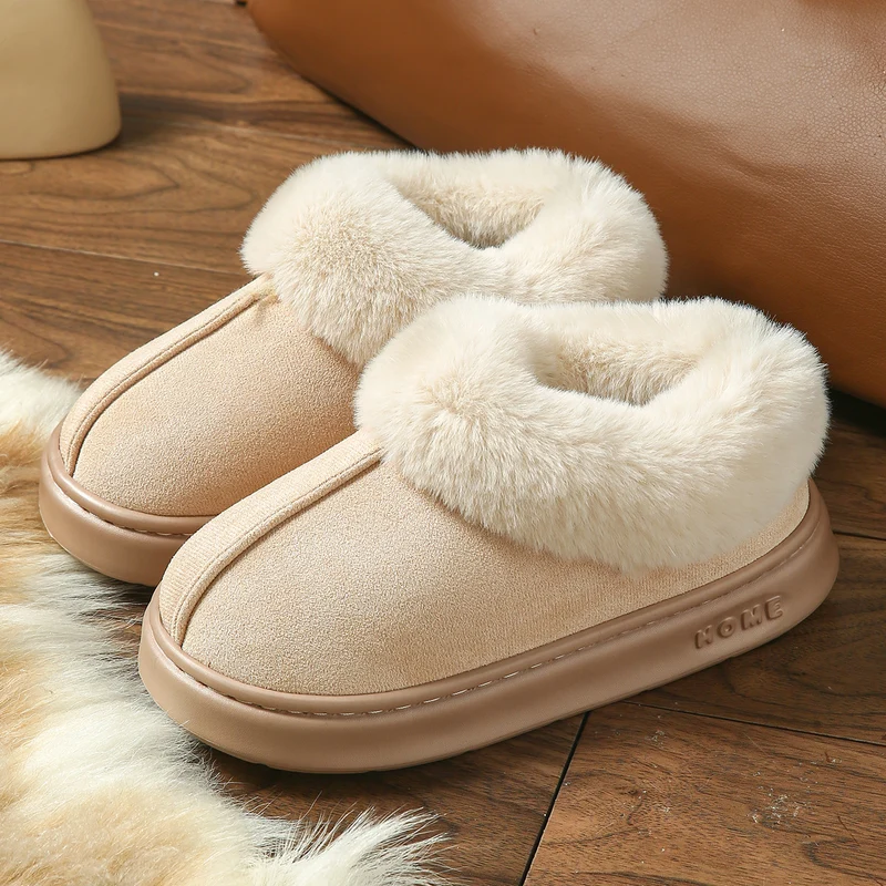 2025 Cross-Border New Pure Color Suede Splicing Home Slippers Thick-Soled Non-Slip Plush Warm Couple Cotton Shoes for Women
