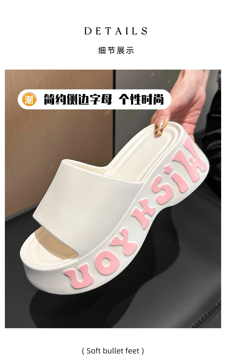 New High-Heeled Thick-Soled Slippers for Women, Summer Home Indoor Slippers, Non-Slip Fashionable Height-Increasing Slippers for Outdoor Wear