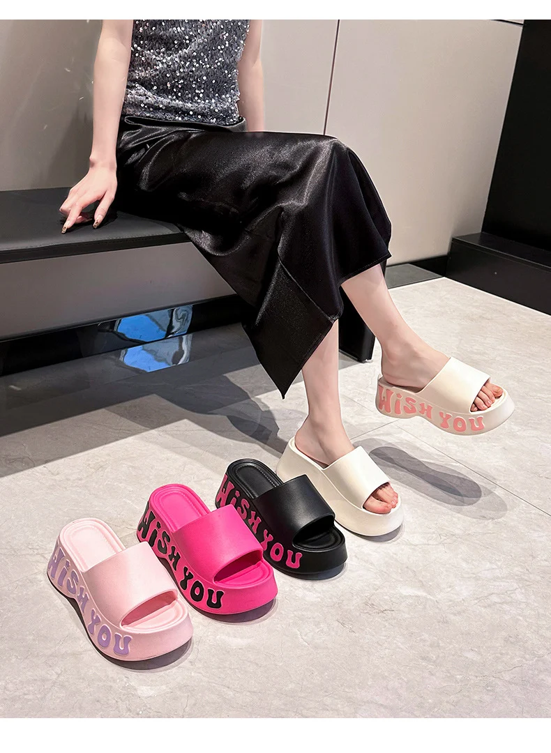 New High-Heeled Thick-Soled Slippers for Women, Summer Home Indoor Slippers, Non-Slip Fashionable Height-Increasing Slippers for Outdoor Wear