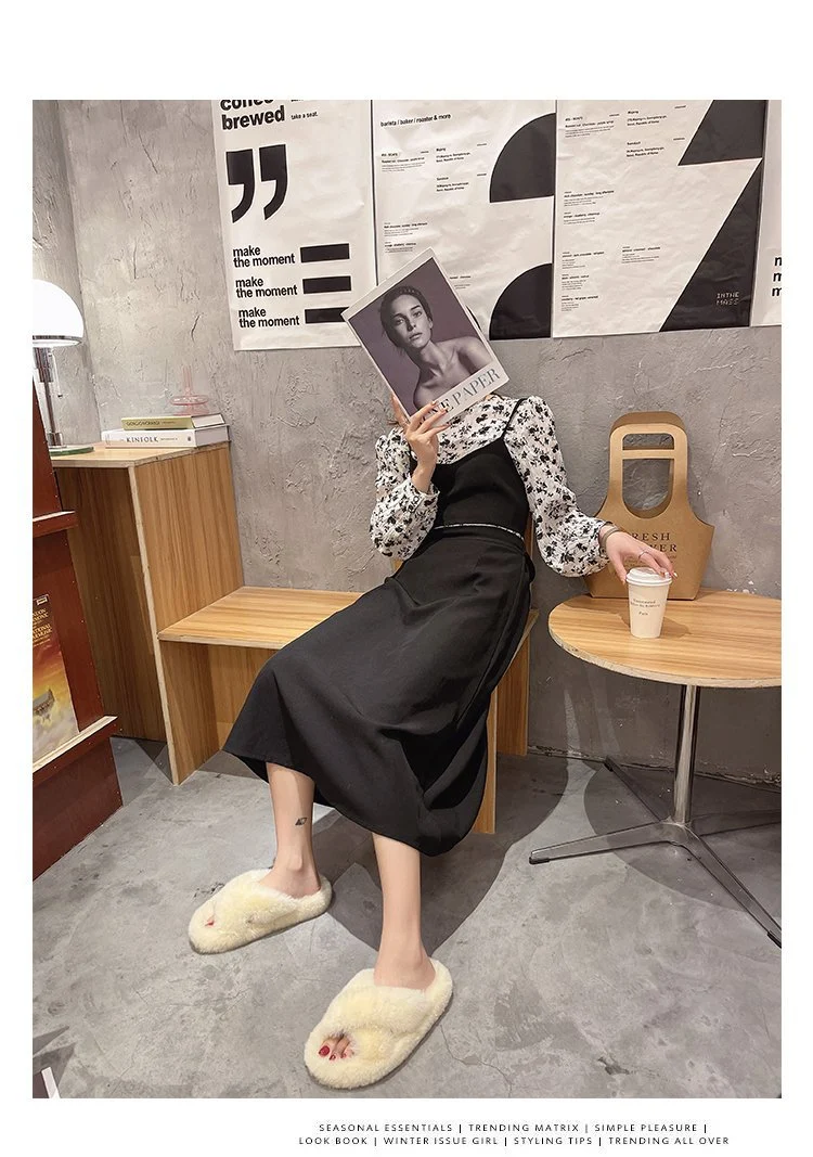 Foreign Trade Furry Slippers for Women 2025 Autumn and Winter New Korean Style Lazy Outer Wear Cross Thick-Soled Open-Toe Slippers for Outer Wear