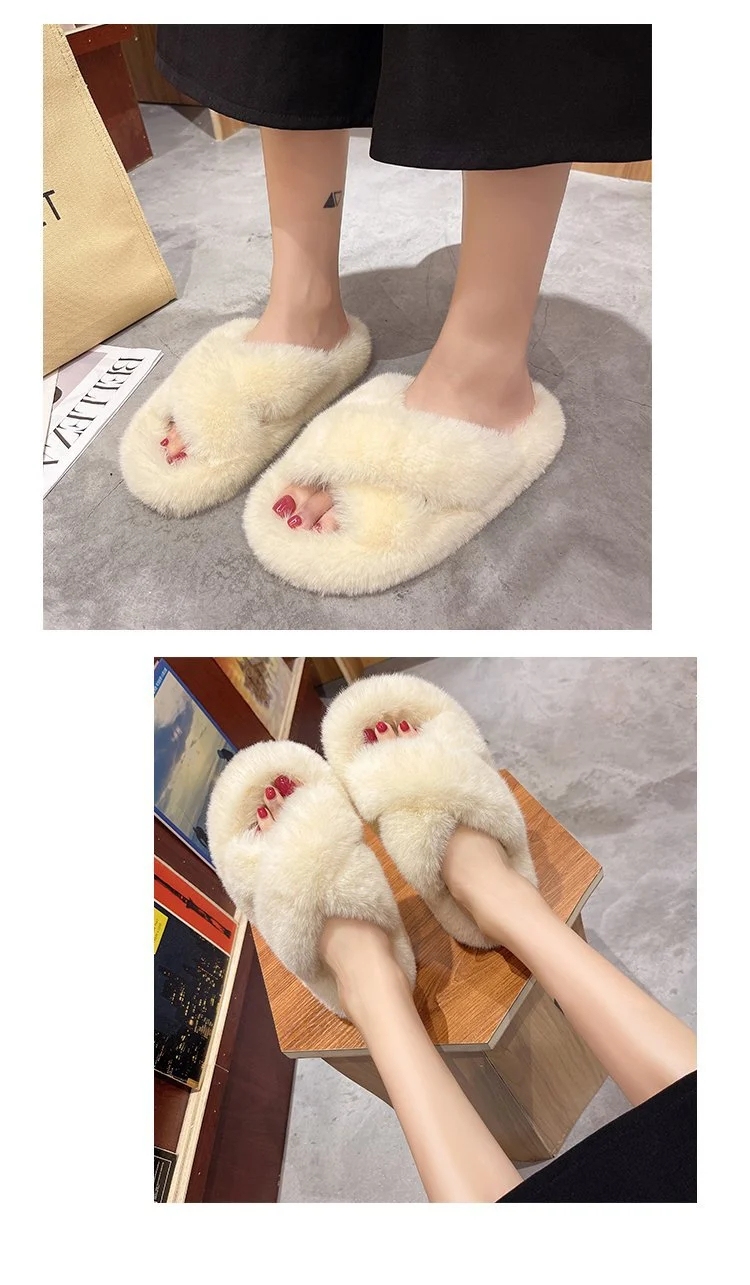 Foreign Trade Furry Slippers for Women 2025 Autumn and Winter New Korean Style Lazy Outer Wear Cross Thick-Soled Open-Toe Slippers for Outer Wear