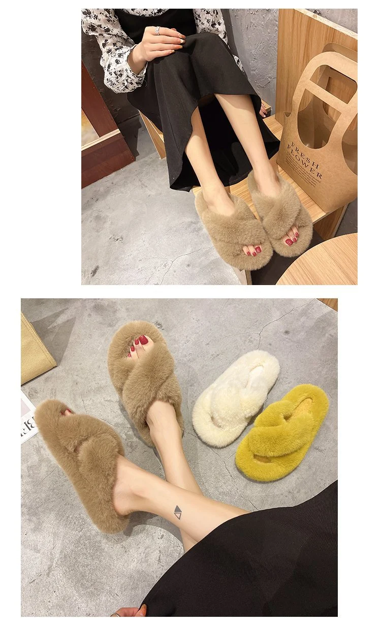 Foreign Trade Furry Slippers for Women 2025 Autumn and Winter New Korean Style Lazy Outer Wear Cross Thick-Soled Open-Toe Slippers for Outer Wear