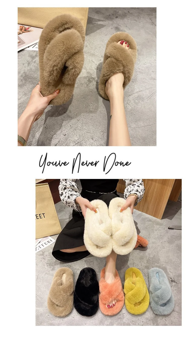 Foreign Trade Furry Slippers for Women 2025 Autumn and Winter New Korean Style Lazy Outer Wear Cross Thick-Soled Open-Toe Slippers for Outer Wear