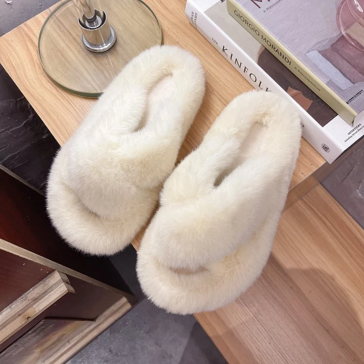 Foreign Trade Furry Slippers for Women 2025 Autumn and Winter New Korean Style Lazy Outer Wear Cross Thick-Soled Open-Toe Slippers for Outer Wear