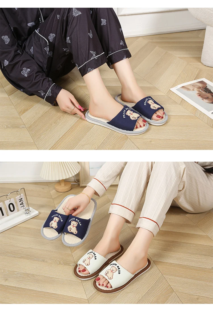 Bear Style Indoor Linen Slippers for Women Summer Home Non-Slip Women's Spring & Fall Seasons Fabric Floor Mops