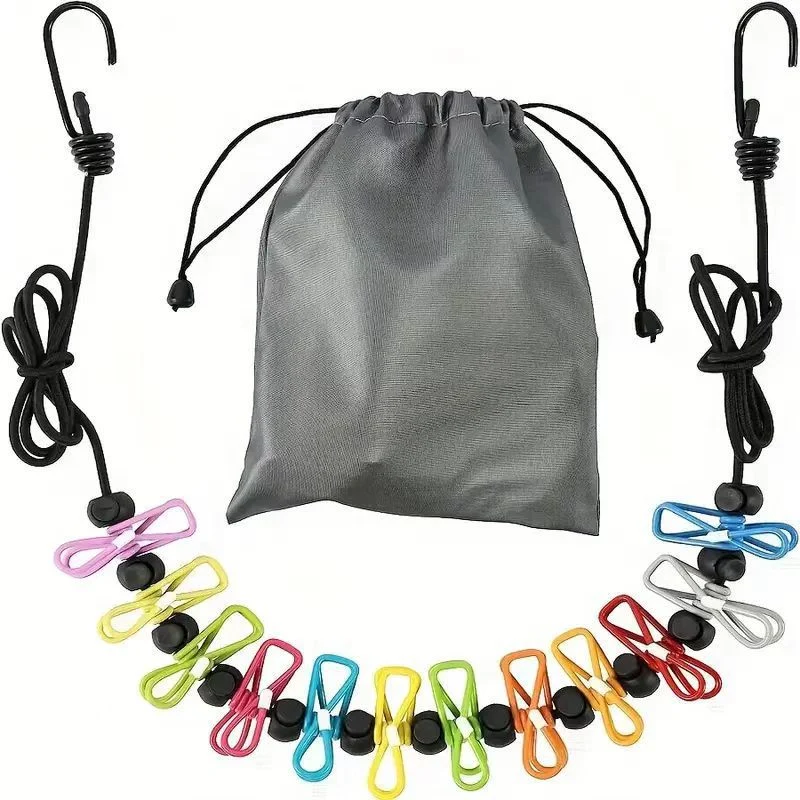 Creative Outdoor Elastic Windproof Clothesline with Positioning Buckle Korean Style Clothesline with Windproof Clip 12 Clips