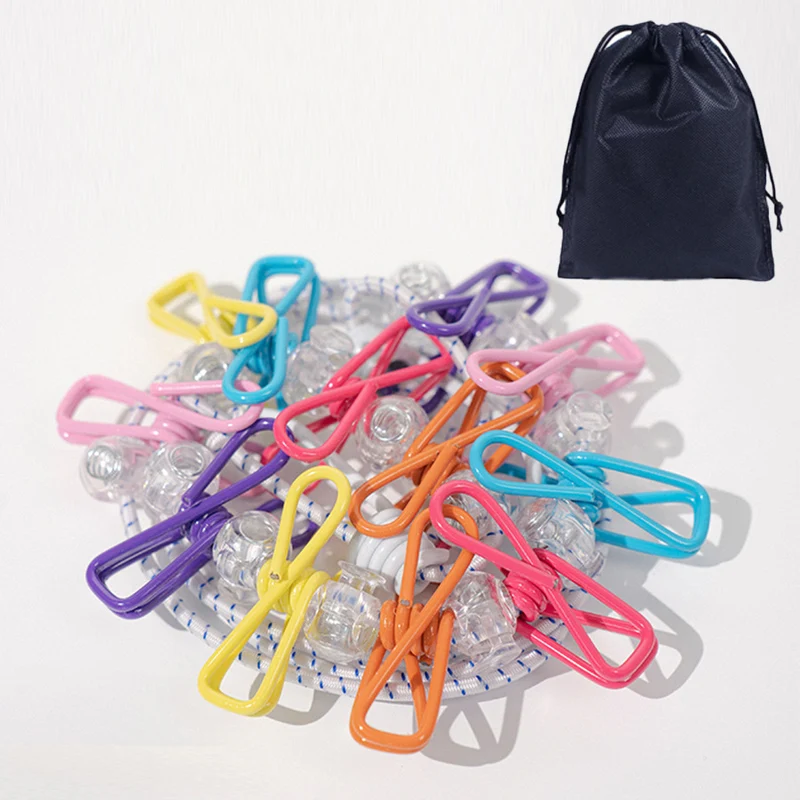 Creative Outdoor Elastic Windproof Clothesline with Positioning Buckle Korean Style Clothesline with Windproof Clip 12 Clips