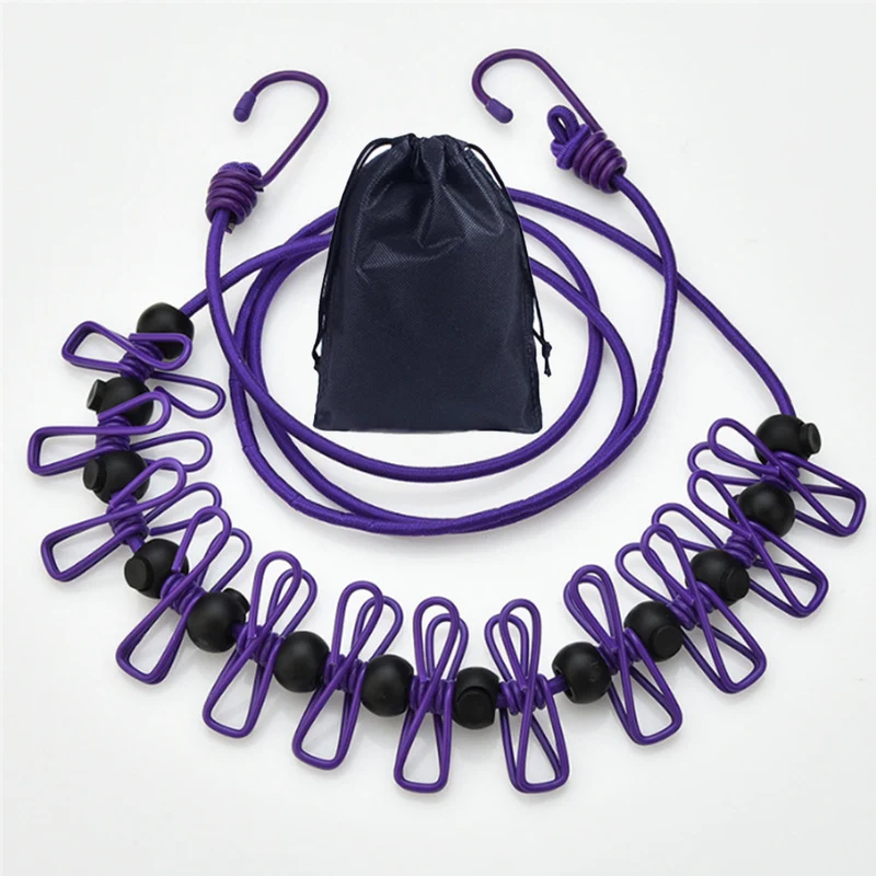 Creative Outdoor Elastic Windproof Clothesline with Positioning Buckle Korean Style Clothesline with Windproof Clip 12 Clips