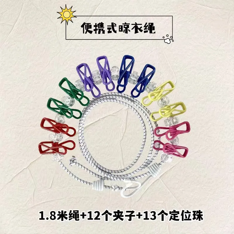 Creative Outdoor Elastic Windproof Clothesline with Positioning Buckle Korean Style Clothesline with Windproof Clip 12 Clips
