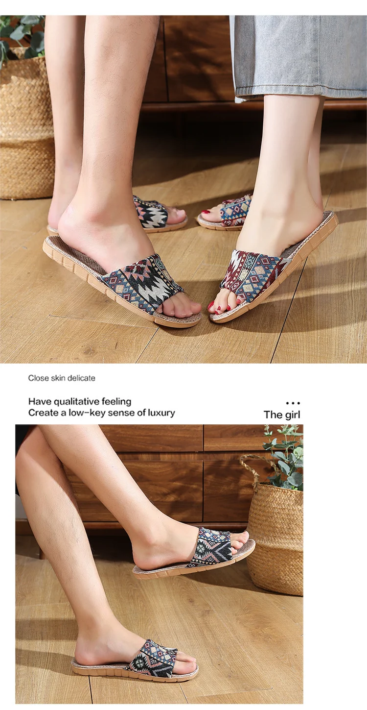 Four Seasons Home Linen Slippers Fashion Printed Thick Sole Non-Slip Sweat-Absorbent Wear-Resistant Large Sole Couple Linen Slippers Ethnic Style
