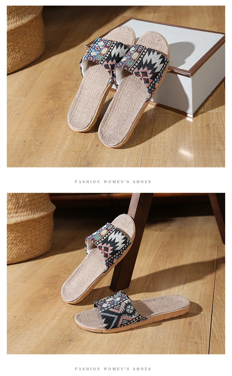 Four Seasons Home Linen Slippers Fashion Printed Thick Sole Non-Slip Sweat-Absorbent Wear-Resistant Large Sole Couple Linen Slippers Ethnic Style