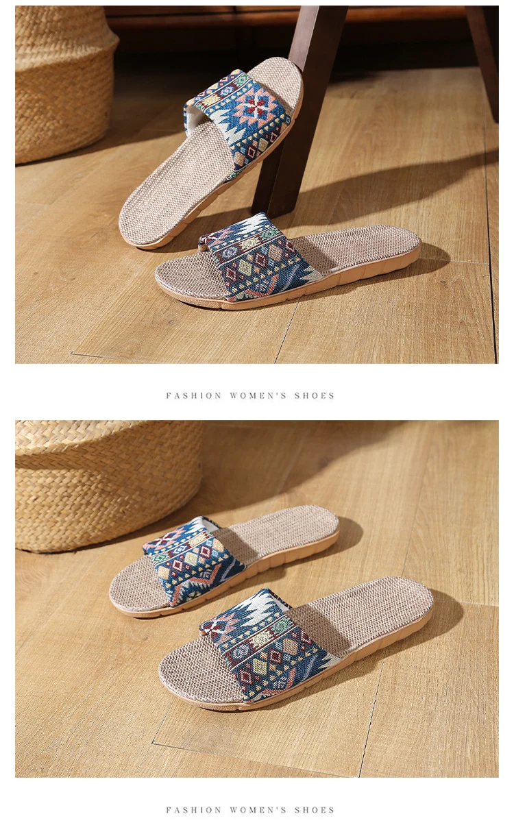 Four Seasons Home Linen Slippers Fashion Printed Thick Sole Non-Slip Sweat-Absorbent Wear-Resistant Large Sole Couple Linen Slippers Ethnic Style