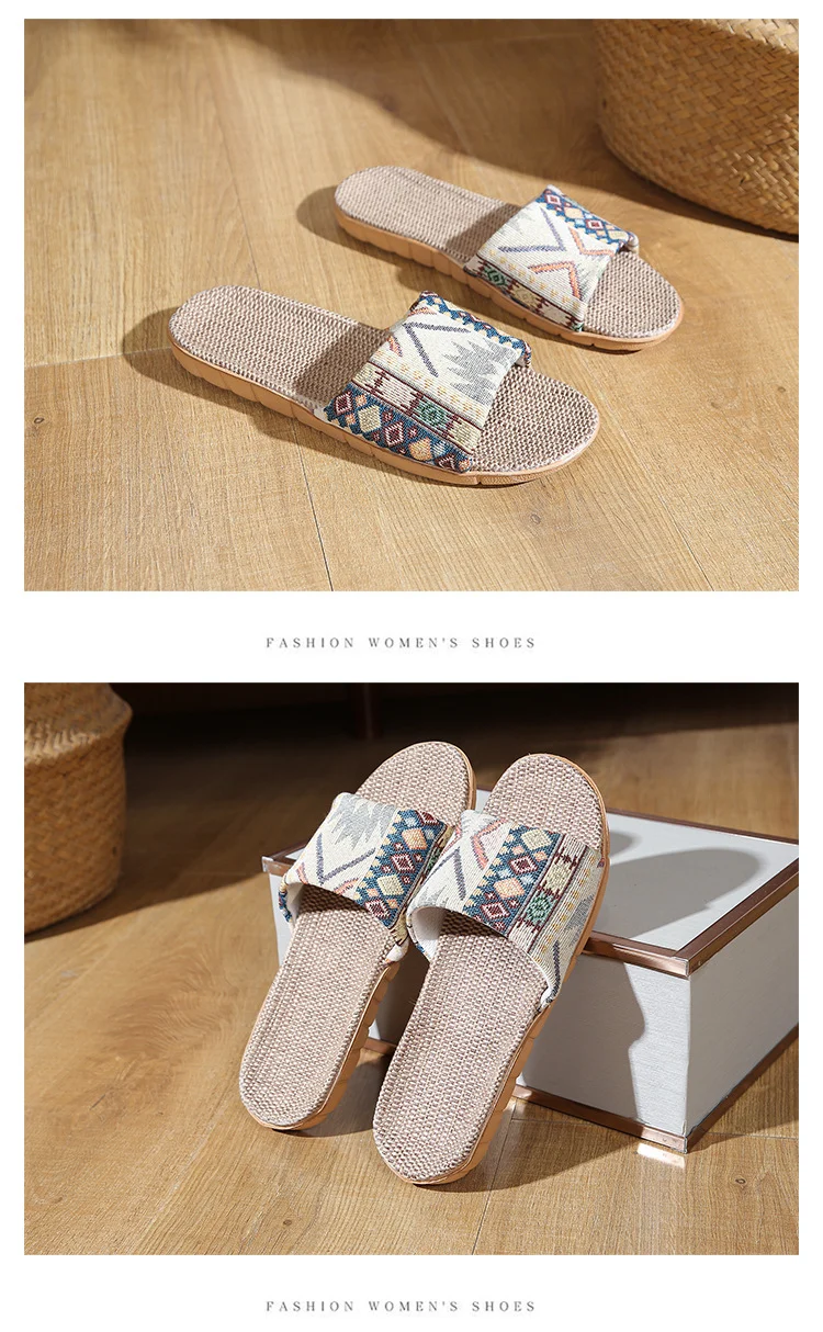 Four Seasons Home Linen Slippers Fashion Printed Thick Sole Non-Slip Sweat-Absorbent Wear-Resistant Large Sole Couple Linen Slippers Ethnic Style