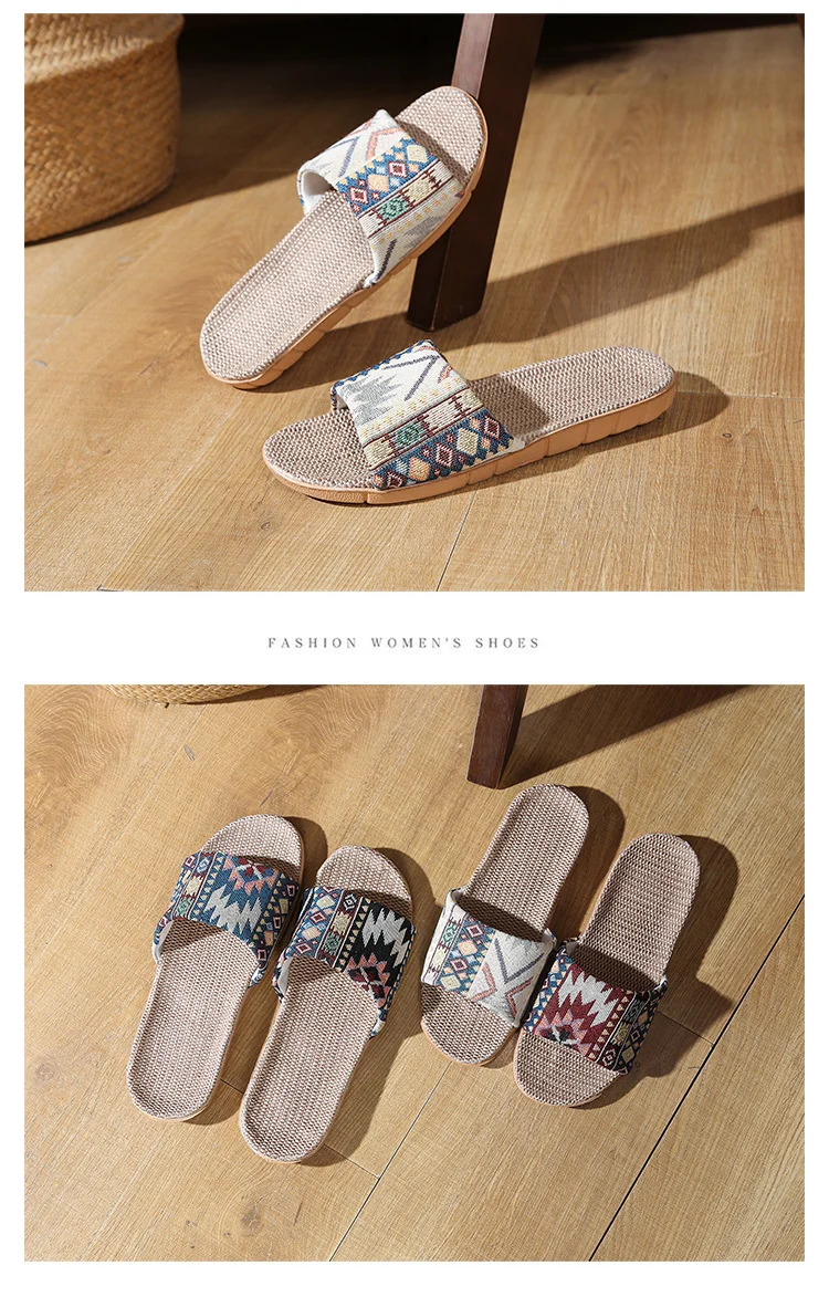 Four Seasons Home Linen Slippers Fashion Printed Thick Sole Non-Slip Sweat-Absorbent Wear-Resistant Large Sole Couple Linen Slippers Ethnic Style