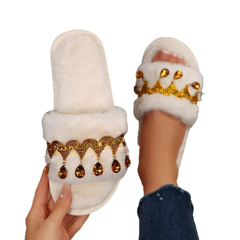 Thick-Soled Furry Slippers for Women in Autumn and Winter Indoor and Outdoor 2025 New Tassel Rhinestone Plush Slippers One-Line Cotton Slippers for Women
