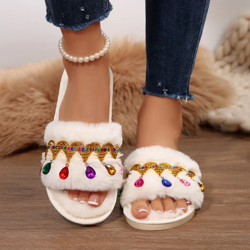 Thick-Soled Furry Slippers for Women in Autumn and Winter Indoor and Outdoor 2025 New Tassel Rhinestone Plush Slippers One-Line Cotton Slippers for Women