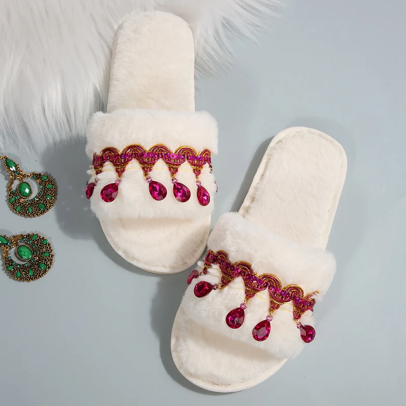 Thick-Soled Furry Slippers for Women in Autumn and Winter Indoor and Outdoor 2025 New Tassel Rhinestone Plush Slippers One-Line Cotton Slippers for Women