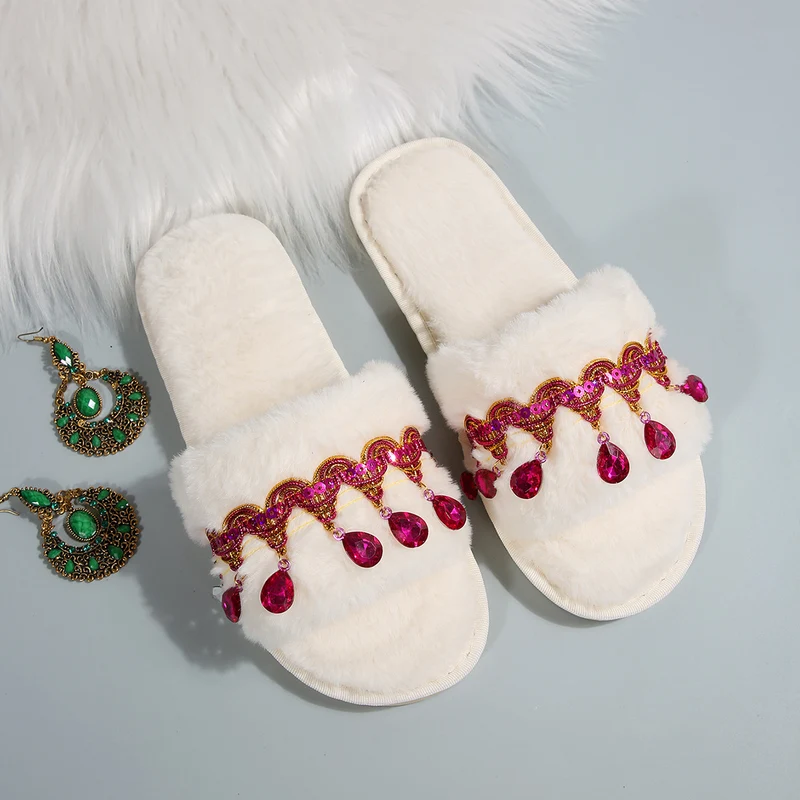 Thick-Soled Furry Slippers for Women in Autumn and Winter Indoor and Outdoor 2025 New Tassel Rhinestone Plush Slippers One-Line Cotton Slippers for Women