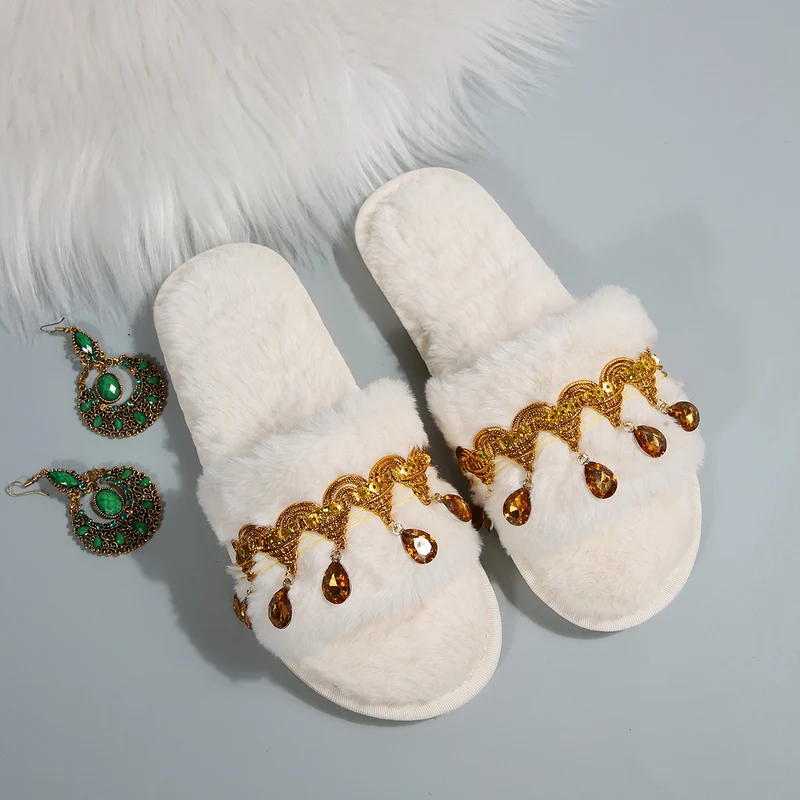 Thick-Soled Furry Slippers for Women in Autumn and Winter Indoor and Outdoor 2025 New Tassel Rhinestone Plush Slippers One-Line Cotton Slippers for Women