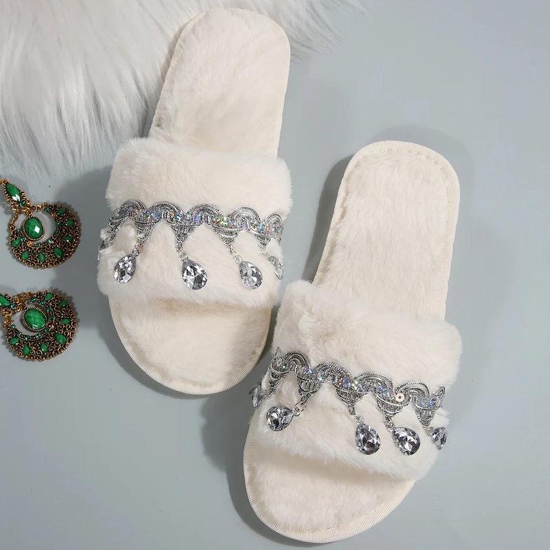 Thick-Soled Furry Slippers for Women in Autumn and Winter Indoor and Outdoor 2025 New Tassel Rhinestone Plush Slippers One-Line Cotton Slippers for Women