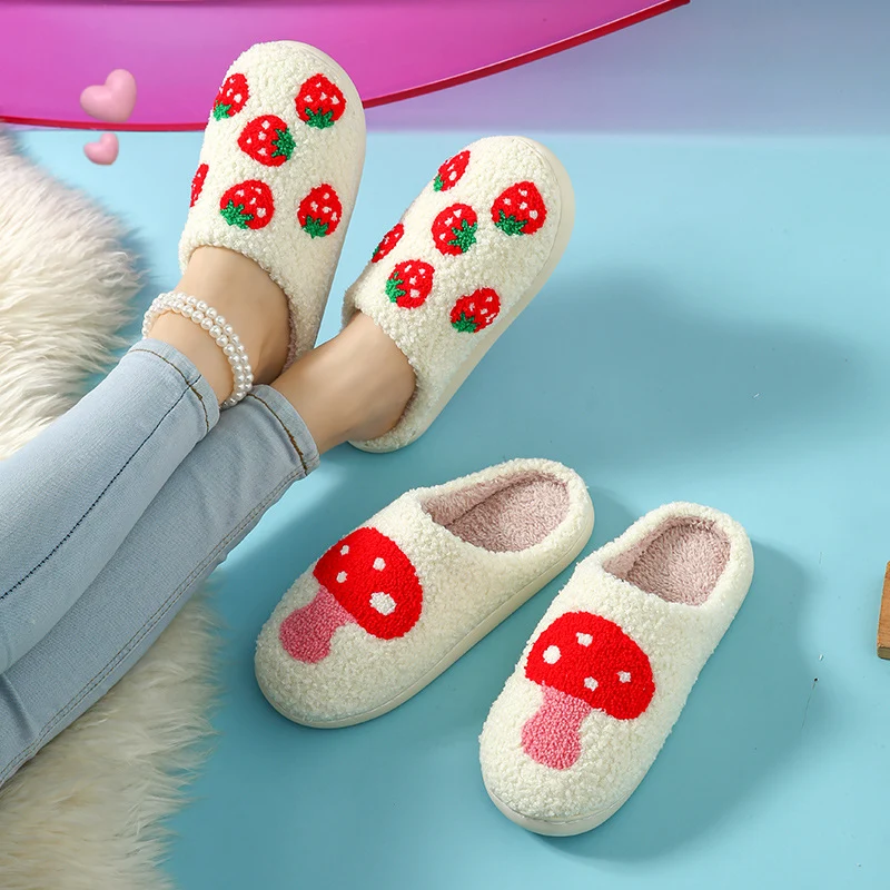 Autumn and Winter Home Cotton Slippers for Women, Cute Printed Plush Soft-Soled Slippers, Indoor Warm, Non-Slip and Comfortable