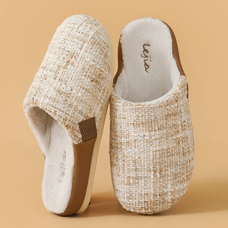2025 New Cotton Slippers for Women, Retro Chanel Style, Winter Warm Non-Slip Indoor Slippers for Couples, Home Use for Men