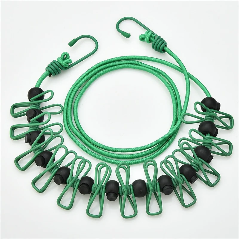 Creative Outdoor Elastic Windproof Clothesline with Positioning Clips, Korean Style Clothesline with 12 Windproof Clips