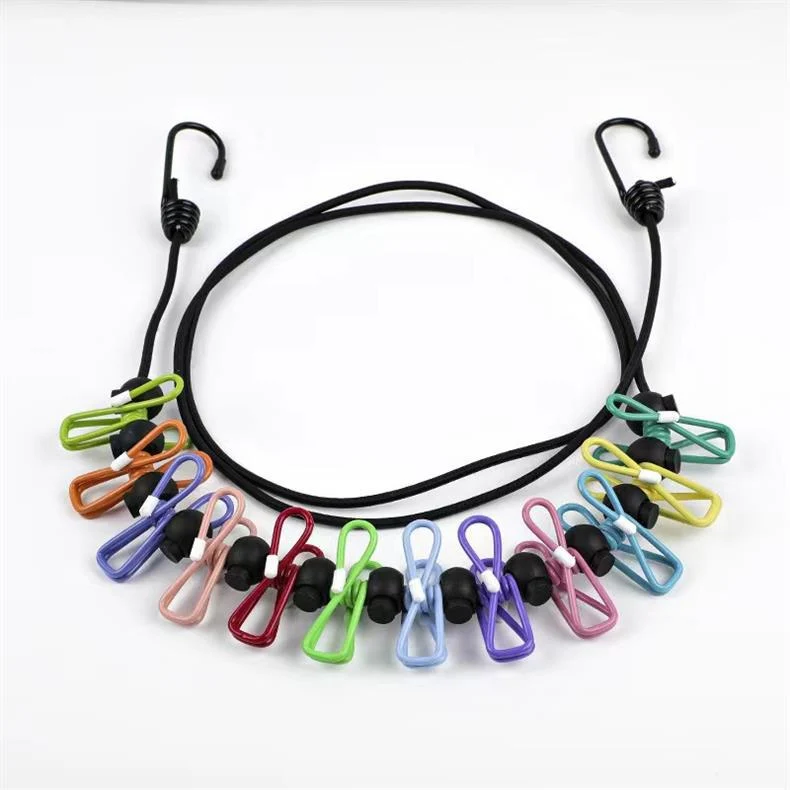 Creative Outdoor Elastic Windproof Clothesline with Positioning Clips, Korean Style Clothesline with 12 Windproof Clips